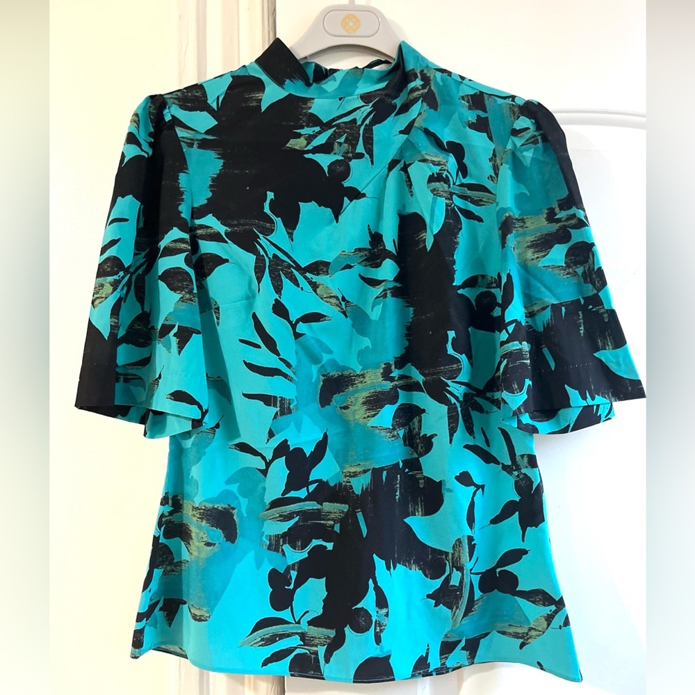 PER SE by CARLISLE Water Lilies Stretch Silk Puff Sleeve Blouse 2